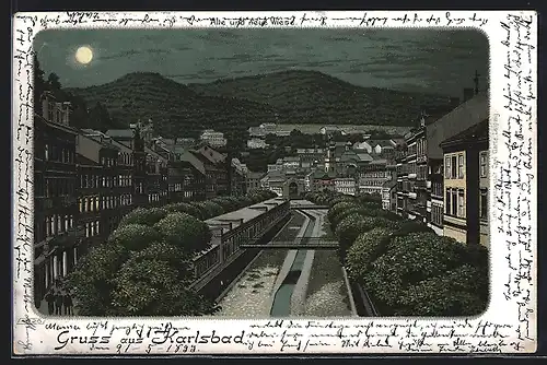 Mondschein-Lithographie Karlsbad, Teilansicht mit Brücken aus der Vogelschau