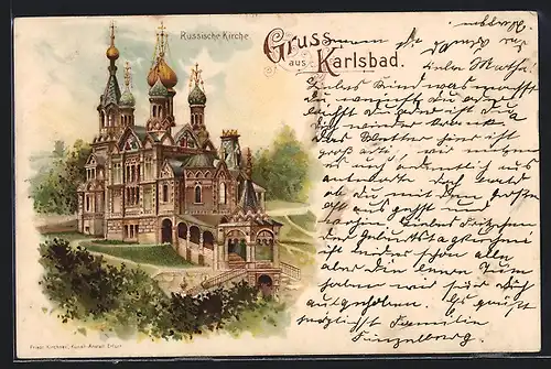 Lithographie Karlsbad, Russische Kirche aus der Vogelschau
