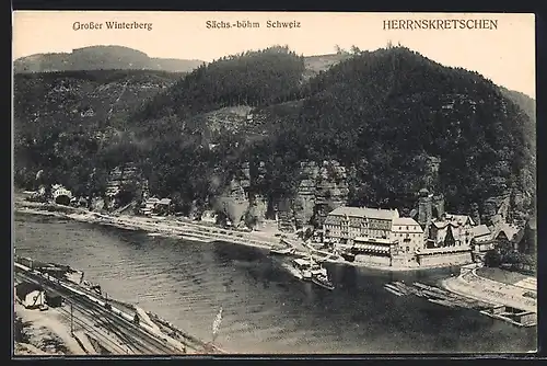 AK Herrnskretschen /Sächs.-böhm. Schweiz, Uferpartie und Grosser Winterberg