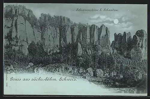 Mondschein-AK Schandau /Sächs.-böhm. Schweiz, Ortspartie mit Schrammsteinen