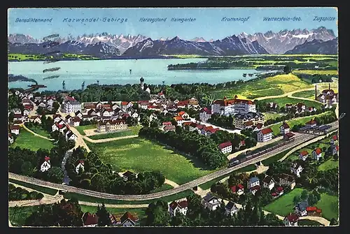 AK Tutzing am Starnberger See, Teilansicht mit Karwendel-Gebirge, Herzigstand, Heimgarten u. Zugspitze