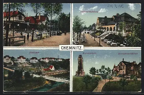 AK Chemnitz, Bismarckturm, Bismarkschlösschen, Küchwaldschänke, Waldschänke, Stadtpark
