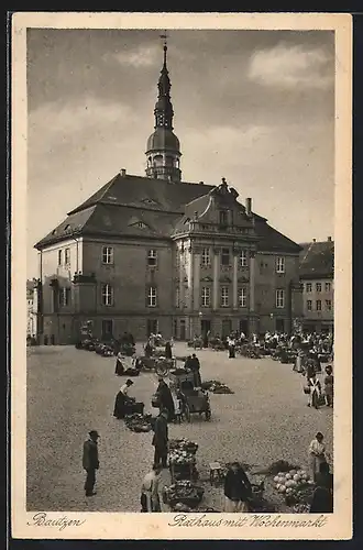 AK Bautzen, Rathaus mit Wochenmarkt