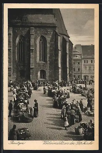 AK Bautzen, Wochenmarkt an der Petrikirche
