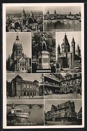 AK Mainz, Panorama vom rechten Rheinufer, Christuskirche, Gutenberg-Denkmal, Theater Dom und Altstadt