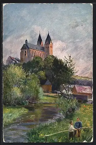 Künstler-AK Ravengiersburg, Uferpartie mit Kirche