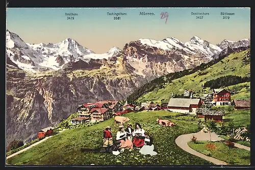 AK Mürren, Gesamtansicht mit Breithorn und Büttlassen, Damengruppe