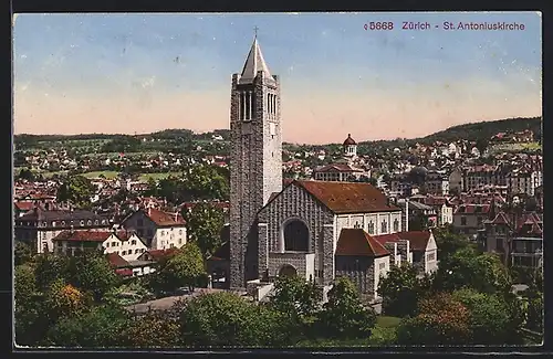 AK Zürich, St. Antoniuskirche und Stadt aus der Vogelschau