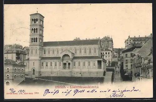 AK Zürich, Liebfrauenkirche aus der Vogelschau