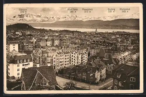 AK Zürich, Teilansicht mit Wasser- und Bergblick aus der Vogelschau