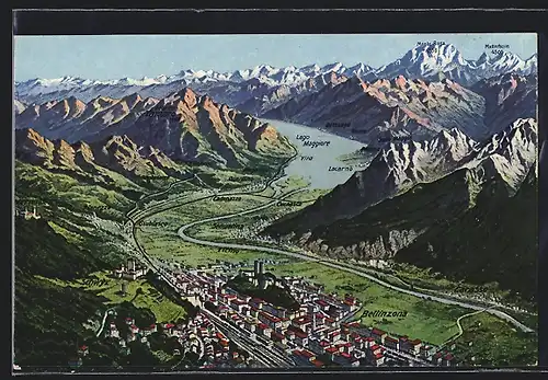 AK Bellinzona, Ortsansicht mit umliegenden Bergen