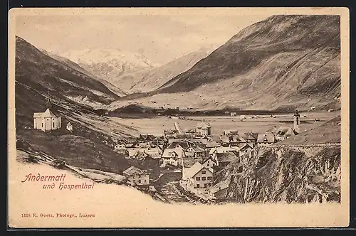 AK Andermatt, Andermatt und Hospenthal aus der Vogelschau