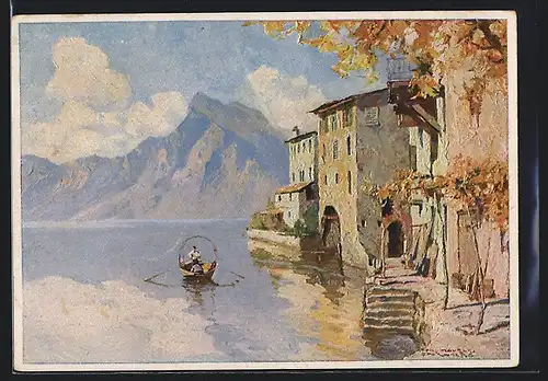 Künstler-AK Gandria, Häuser und Ruderboot am Wasser