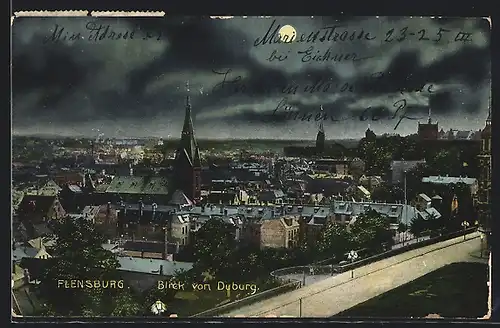 AK Flensburg, Blick von Duburg mit Kirche und Strassenpartie bei Mondschein