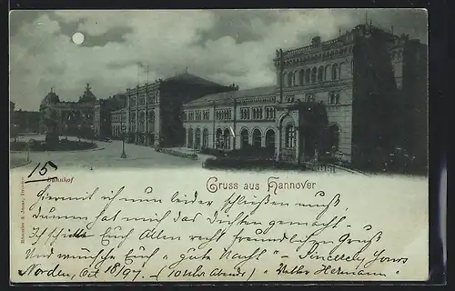 Mondschein-AK Hannover, Strassenpartie mit Denkmal