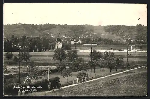 AK Gohlis b. Dresden, Panorama mit Windmühle