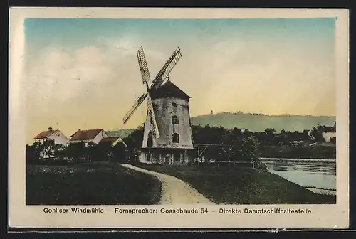 AK Gohlis / Dresden, Windmühle am Elbufer