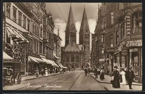 AK Bremen, Blick in die Obernstrasse mit Blick auf die Kirche