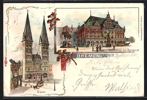Lithographie Bremen, Dom mit Pferdebahn, Rathaus mit Roland