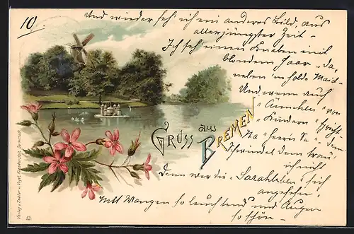 Lithographie Bremen, kleine Insel und Windmühle