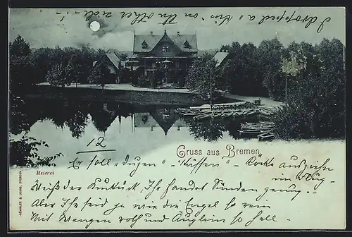 Mondschein-AK Bremen, Partie auf dem Wasser vor der Meierei