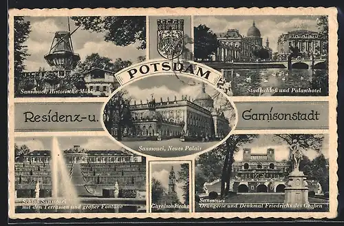 AK Potsdam, Stadtschloss und Palasthotel, Sanssouci, Neues Palais, Historische Mühle