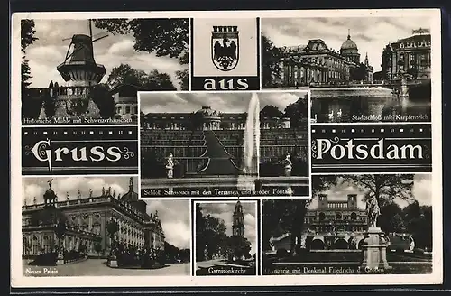 AK Potsdam, Historische Mühle mit Schweizerhäuschen, Stadtschloss mit Karpfenteich, Neues Palais