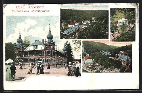 AK Alexisbad /Harz, Kurhaus und Alexisbrunnen mit Besuchern