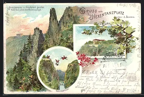 Lithographie Thale / Harz, Hotel am Hexentanzplatz vom Hirschgrund gesehen