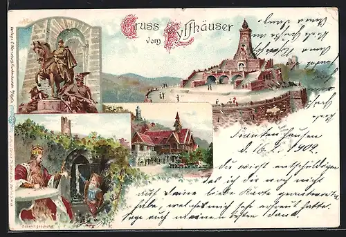 Lithographie Kyffhäuser, Kaiser Wilhelm-Denkmal, Barbarossa