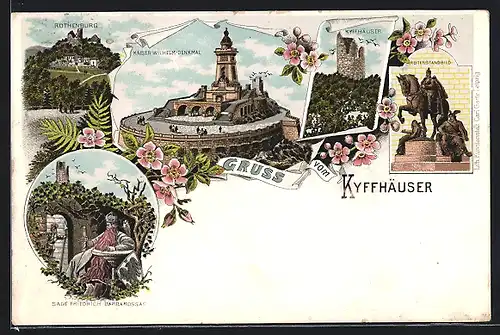 Lithographie Kyffhäuser, Rothenburg, Kaiser Wilhelm Denkmal, Reiterstandbild, Sage Friedrich Barbarossa