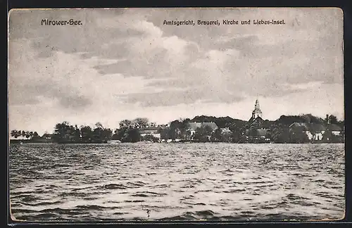 AK Mirow, Partie auf dem See mit Blick auf Amtsgericht, Brauerei, Kirche und Liebesinsel