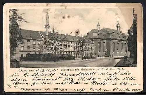 AK Düsseldorf, Marktplatz mit Mariensäule und Maximilian Kirche
