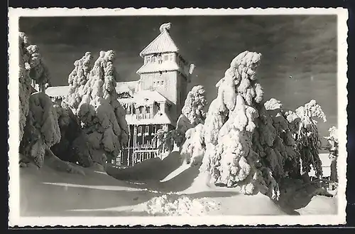 Foto-AK Fichtelberg / Erzg., Hotel im Tiefschnee