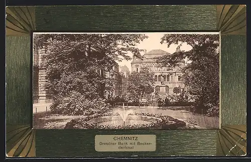 AK Chemnitz, Dresdner Bank mit Becker-Denkmal, Passepartout