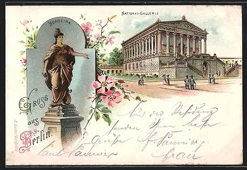 Lithographie Berlin, National-Gallerie und Berolina Denkmal