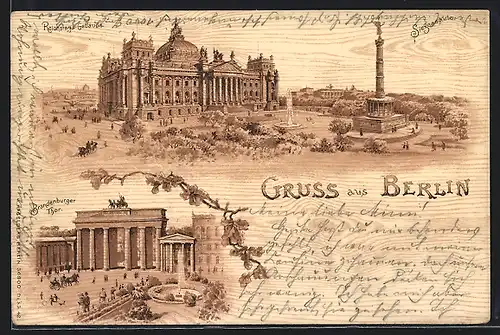 Holz-Imitations-Lithographie Berlin-Tiergarten, Reichstags-Gebäude und Siegessäule, Brandenburger Tor