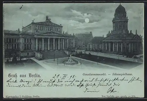 Mondschein-AK Berlin, Gendarmenmarkt mit Schauspielhaus aus der Vogelschau