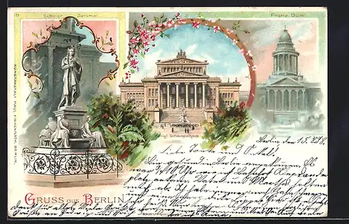 Lithographie Berlin-Mitte, Schiller Denkmal, Königliches Schauspielhaus, Französischer Dom, Gendarmenmarkt