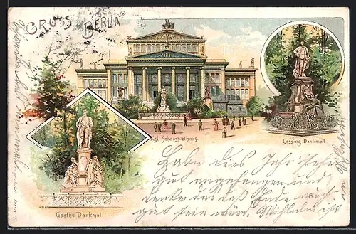Lithographie Berlin, Kgl Schauspielhaus am Gendarmenmarkt, Lessing Denkmal, Goethe Denkmal