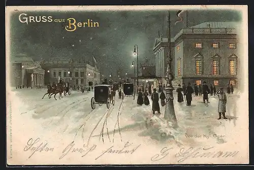 Lithographie Berlin, Leute vor der Kgl. Oper an einem verschneiten Winterabend