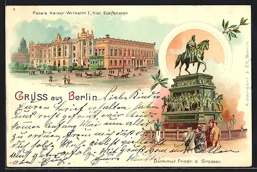Lithographie Berlin, Panorama Palais Kaiser Wilhelm I., Denkmal Friedrich d. Grossen