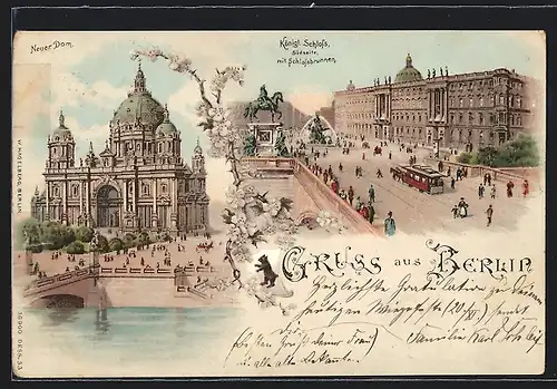 Lithographie Berlin, Neuer Dom, Südseite des Königlichen Schlosses mit Schlossbrunnen, Strassenbahn