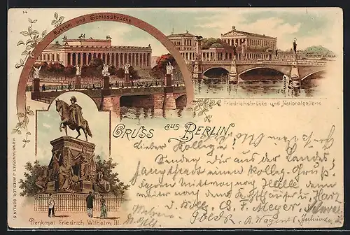 Lithographie Berlin, Museum und Schlossbrücke, Denkmal Friedrich Wilhelm III.