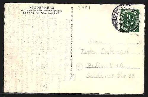 AK Streek bei Sandkrug /Old., Kinderheim der Bundesbahn-Betriebskrankenkasse, Einfahrt