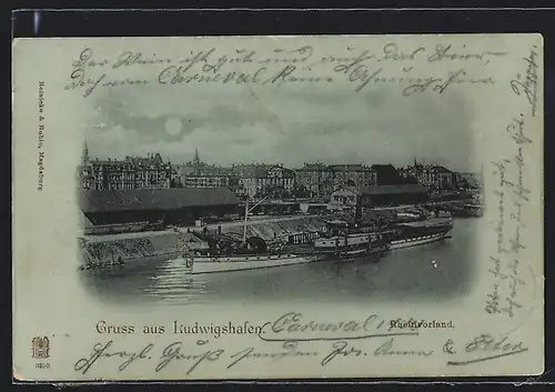 Mondschein-AK Ludwigshafen / Rhein, Rheinvorland, Ortsansicht mit Frachter aus der Vogelschau