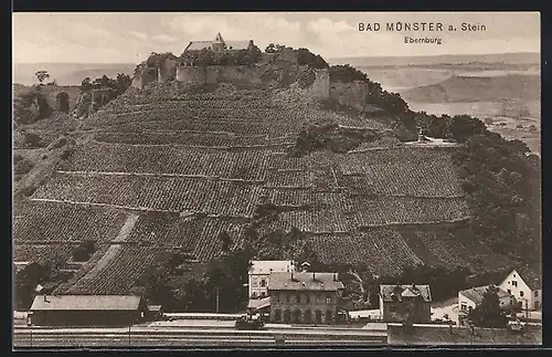 AK Bad Münster a. Stein, Ebernburg mit Bahnhof aus der Vogelschau