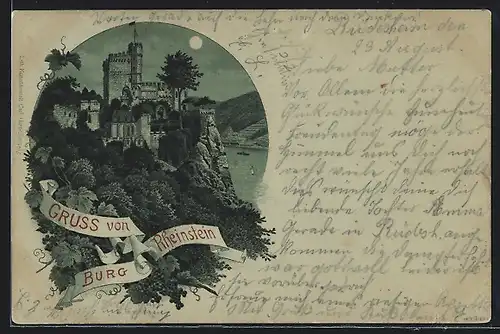 Mondschein-Lithographie Trechtingshausen, Burg Rheinstein mit Rheinblick