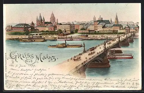 Lithographie Mainz, Ortspartie mit Brücke