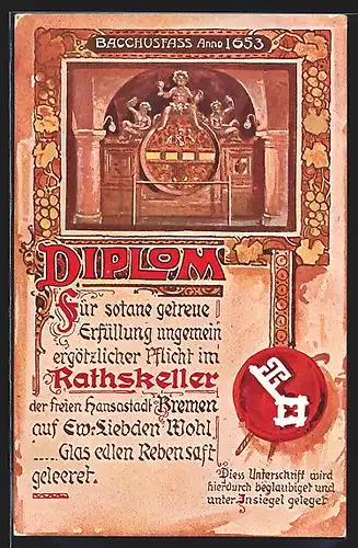 Künstler-AK Bremen, Bacchusfass Anno 1653, Diplom des Rathskellers
